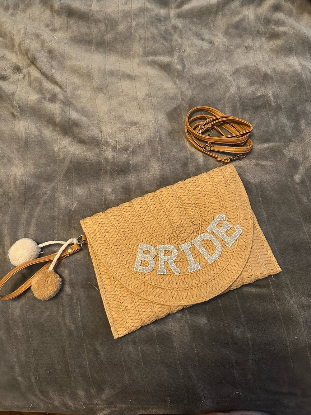 “BRIDE” Embellished Straw Crossbody Bag in Tan